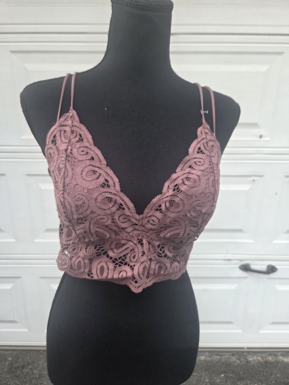 Lace Crochet Bralette Crop Top Dusty Rose Mauve Strappy Back Size L